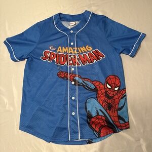 Marvel The Amazing Spiderman Blue Button Up Mesh Baseball Jersey Sz L